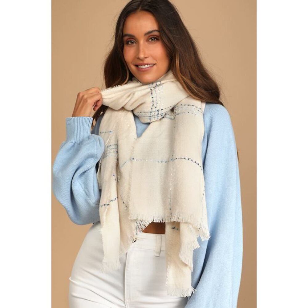 NWT Lulus Keepin' Chic Ivory And Blue Embroidered Scarf White